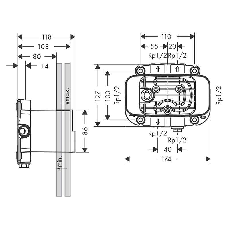 Corp încastrat, Axor, One, pentru baterii cu termostat, 45710180 - 1 | YEO