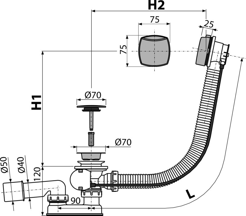 Instalatie de cada automata Alcadrain cu sifon si preaplin, 57 mm, crom - 1 | YEO