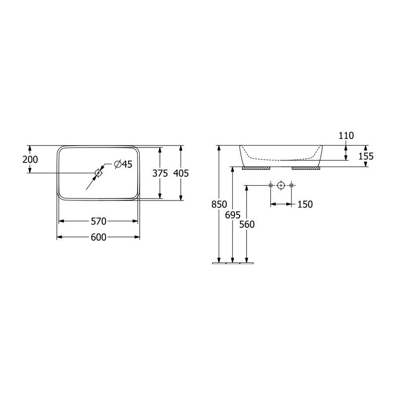 Lavoar pe blat, Villeroy & Boch, Architectura, dreptunghiular, 60 cm, cu preaplin, alb - 1 | YEO
