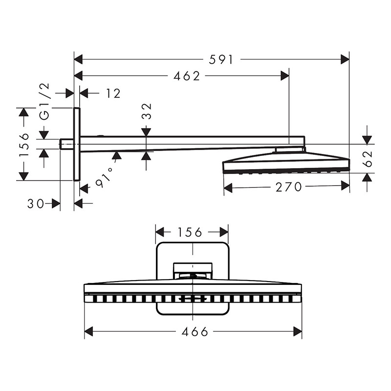 Pălărie de duș, Axor, ShowerSolution, cu braț de duș, 1 jet, 46,6 x 27 cm, crom, 35274000 - 1 | YEO