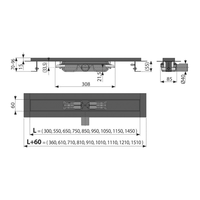 Rigolă de duș, Alcadrain, Low, fără grătar, 75 cm, negru mat - 1 | YEO