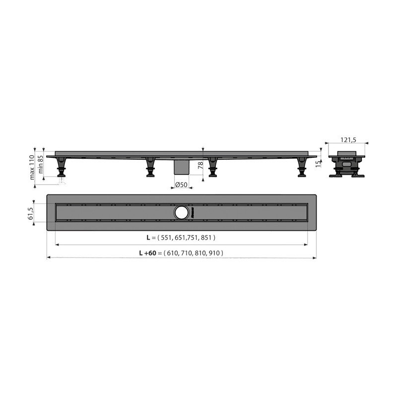 Rigolă de duș, Alcadrain, Optimal, fără sifon și grătar, 55 cm - 1 | YEO