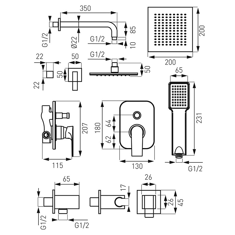 Set de duș, Ferro, Algeo Square, încastrat, crom - 3 | YEO