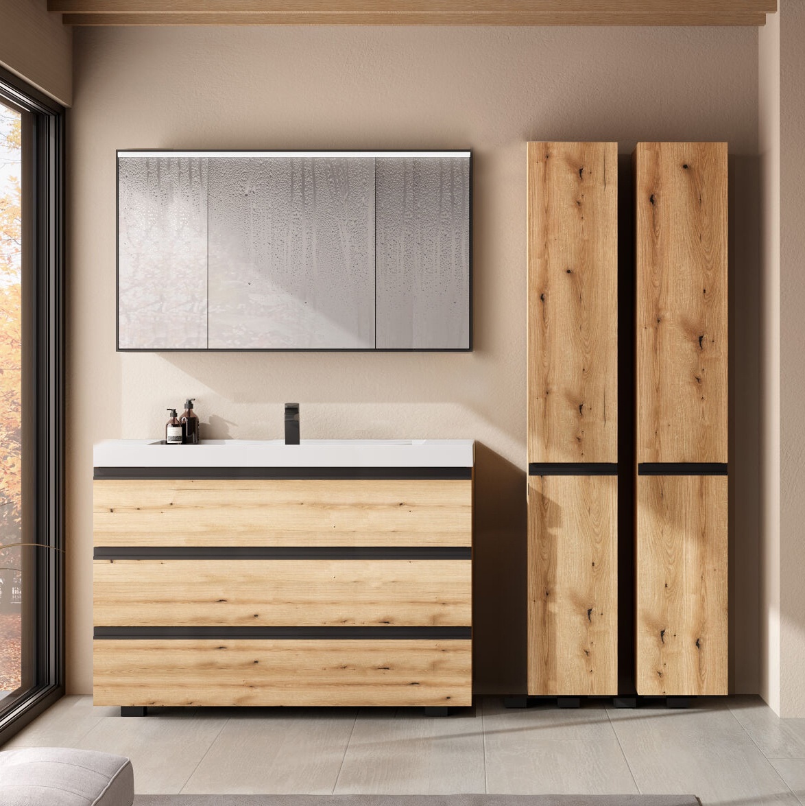 Set mobilier stativ cu lavoar Kolpasan, Harmony 120 cm, 3 sertare, bronze oak - 1 | YEO
