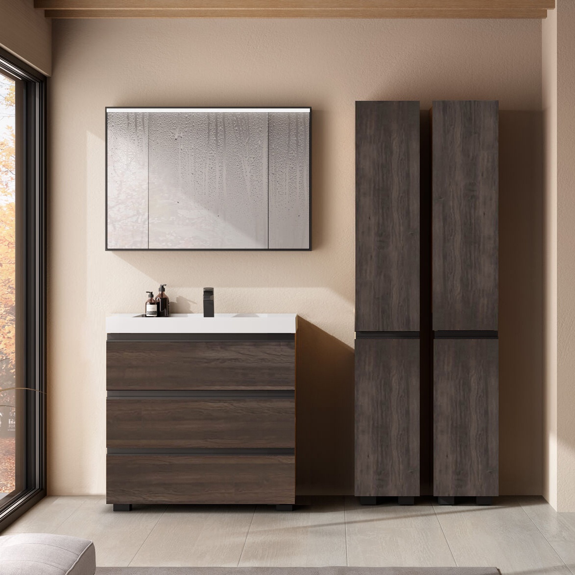 Set mobilier stativ cu lavoar Kolpasan, Harmony 90 cm, 3 sertare, dark oak - 1 | YEO