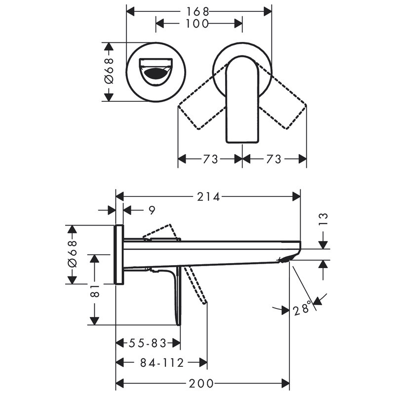 Baterie pentru lavoar Hansgrohe, Rebris E, montaj pe perete, cu ventil, pipa 200 mm, negru mat - 3 | YEO