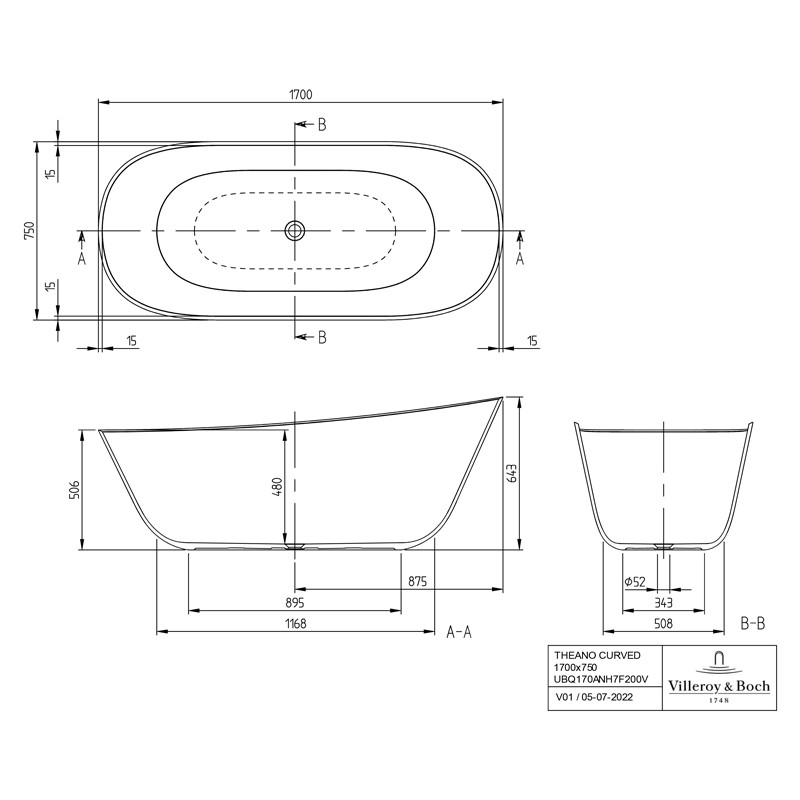Cada freestanding, Villeroy & Boch, Theano, 170 x 75 cm, alb lucios - 2 | YEO