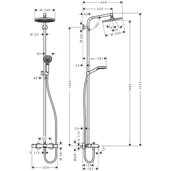 Coloana dus cu baterie si termostat Hansgrohe, Crometta S 240 1jet, cu pipa cada - 3 | YEO