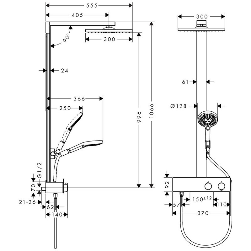 Coloana dus cu baterie si termostat Hansgrohe, Raindance E300, crom - 2 | YEO
