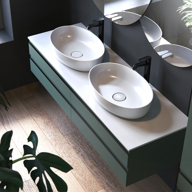 Mobilier suspendat, Kolpasan, Alexis, pentru doua lavoare pe blat 150 cm, Green - 1 | YEO