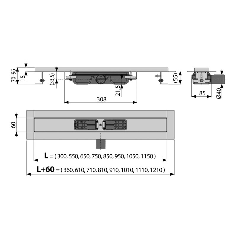 Rigolă de duș, Alcadrain, Low, pentru grătar perforat, 55 cm - 1 | YEO