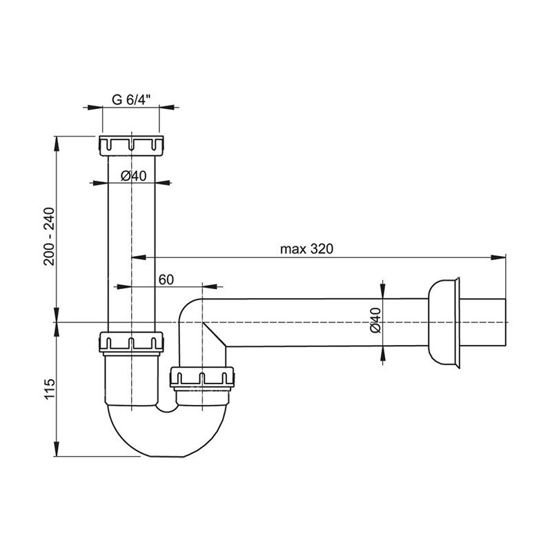 Sifon chiuvetă, Alcadrain, cu țeavă și piuliță 6/4, DN40 - 1 | YEO