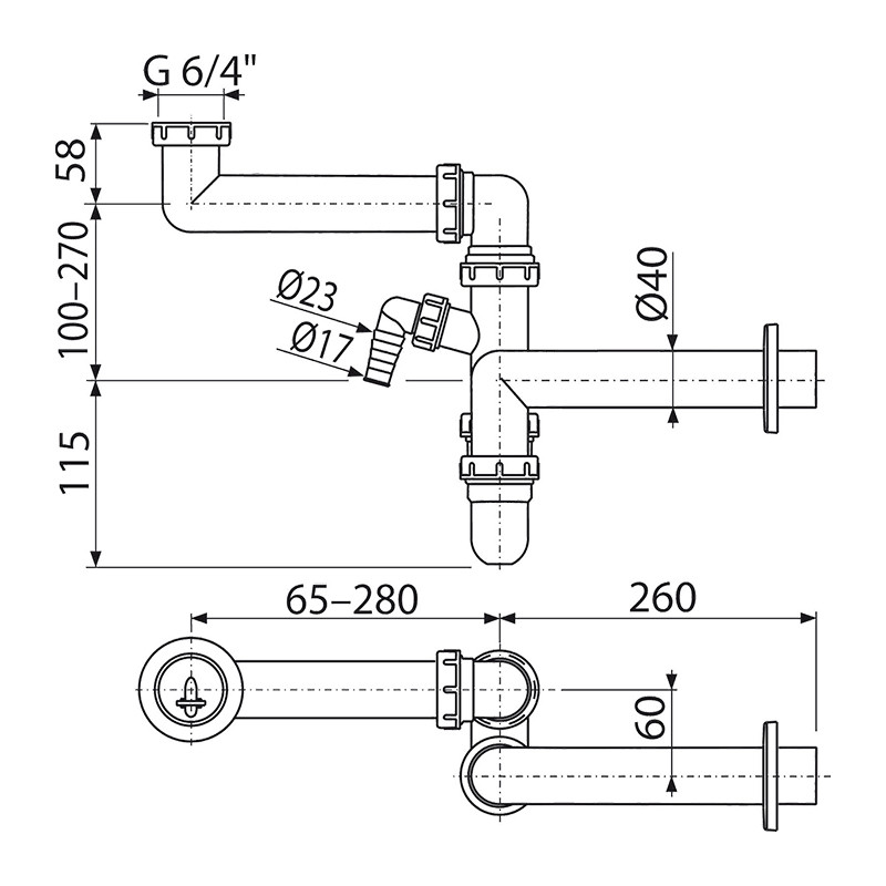 Sifon de chiuvetă, Alcadrain, piuliță 6/4, cu economie de spațiu și legătură pentru mașina de spălat - 1 | YEO