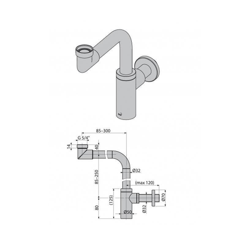 Sifon lavoar Alcadrain, metal, pentru economie de spatiu, crom - 3 | YEO