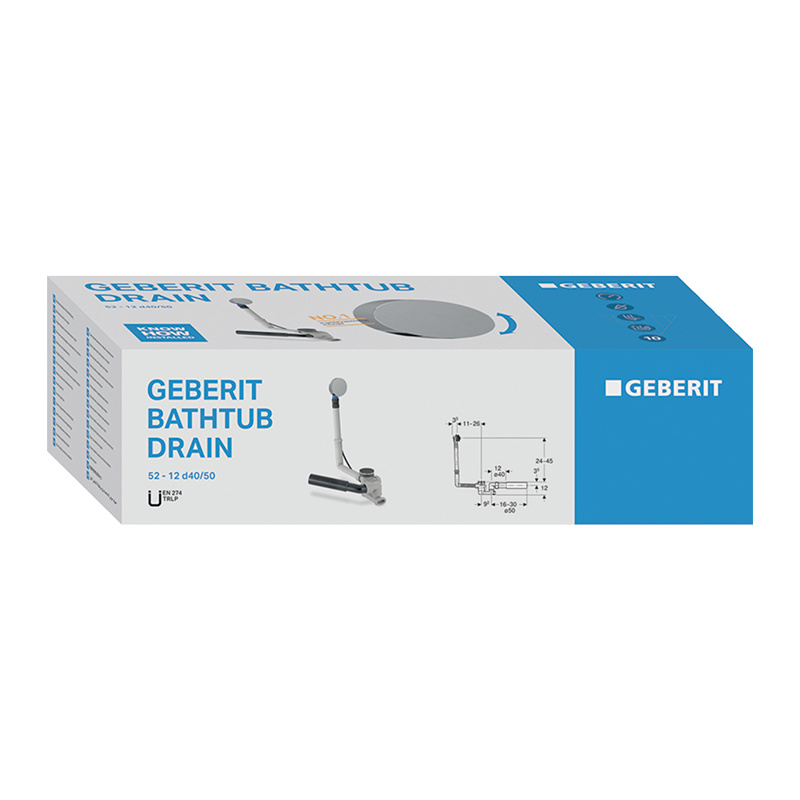 Sifon pentru cadă, Geberit, cu preaplin, d52, lungime 26 cm, cu set gata de instalare, crom - 1 | YEO