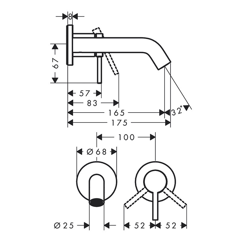 Baterie lavoar cu montaj pe perete, Hansgrohe, Tecturis S, cu pipă de 16,5 cm, negru mat - 1 | YEO