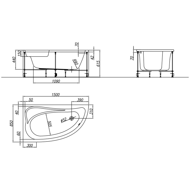 Cada asimetrica, Kolpasan, Calando-D, 150 x 85 cm, cu montaj pe dreapta, alb - 2 | YEO