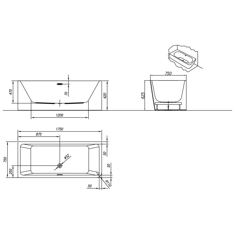 Cada dreptunghiulara, Kolpasan, Elektra-SP-D, montaj pe dreapta, 175 x 75 cm, alb - 2 | YEO