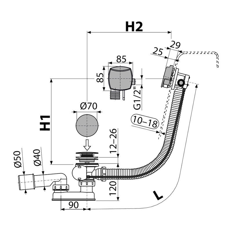 Instalație de cadă automată, Alcadrain, cu alimentare prin preaplin, pentru căzi cu pereți groși, lungime 80 mm, crom - 1 | YEO