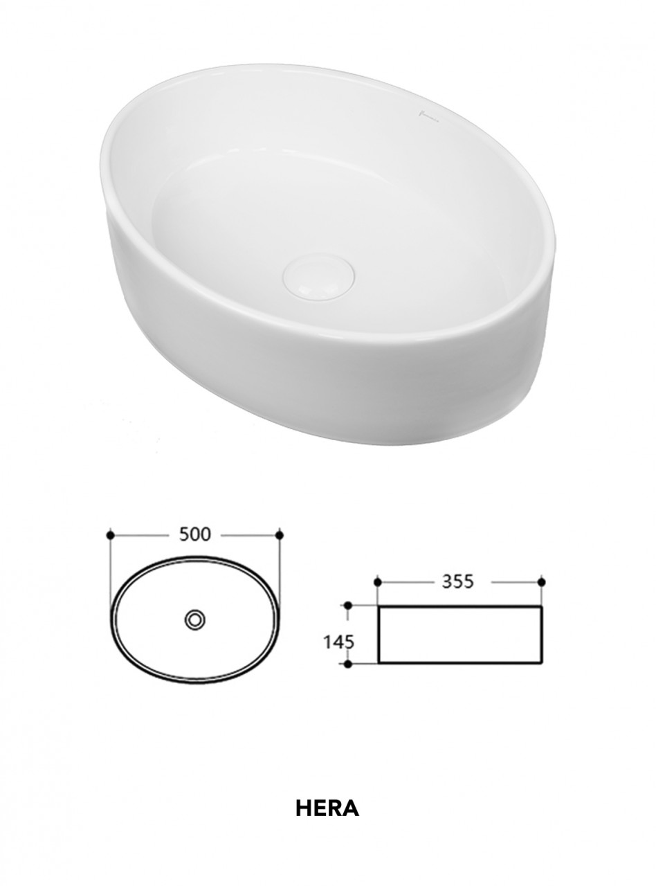 Lavoar pe blat Fluminia, Hera, alb, oval, 50 x 35.5 cm - 1 | YEO