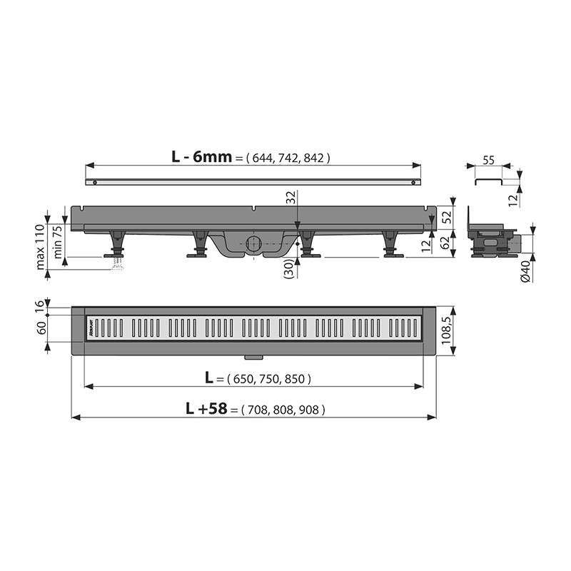 Rigola de dus, Alcadrain, Wall, cu gratar, 85 cm - 1 | YEO