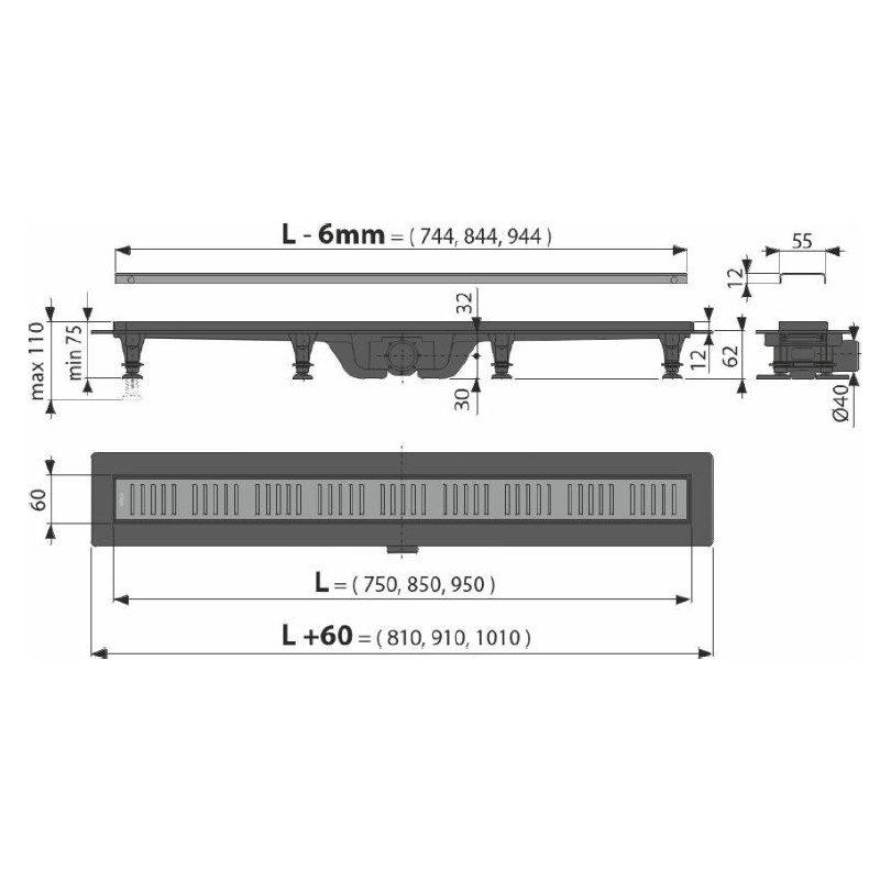 Rigola pentru dus, Alcadrain, Simple, cu gratar, 85 cm, auriu - 1 | YEO