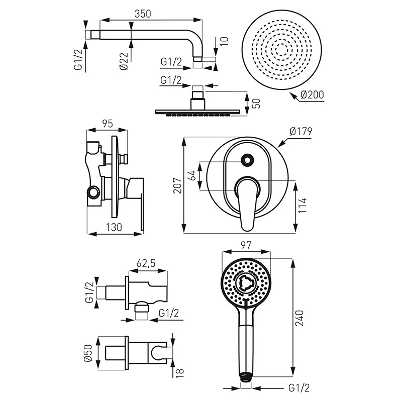 Set de duș, Ferro, Algeo, încastrat, crom - 1 | YEO