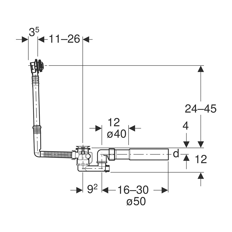 Sifon pentru cadă, Geberit, cu preaplin, d52, lungime 26 cm, cu set gata de instalare, crom - 2 | YEO
