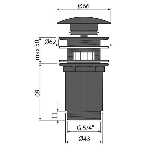 Ventil pentru lavoar cu preaplin, Alcadrain, cu click-clack si dop mare, negru-mat - 2 | YEO