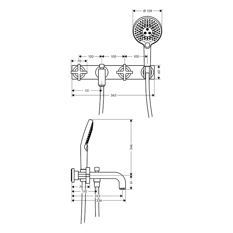 Baterie cadă - duș, Axor, Citterio, mânere tip cruce, cu set de duș, crom, 39441000 - 1 | YEO