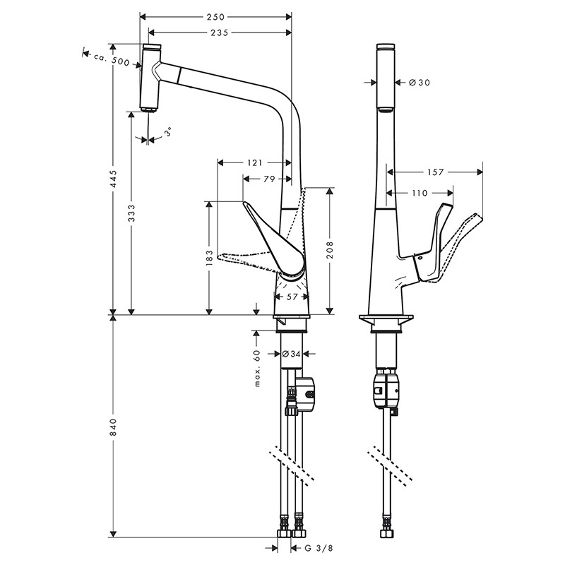 Baterie de bucatarie, Hansgrohe, Metris Select M71, pipa extractibila, crom - 3 | YEO