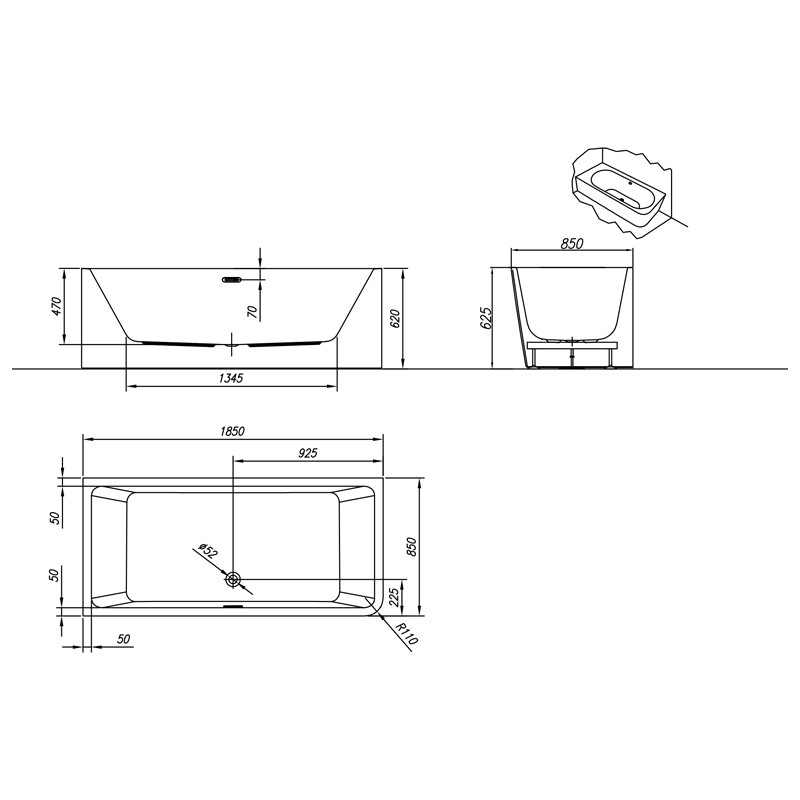 Cada dreptunghiulara, Kolpasan, Elektra-SP-D, montaj pe dreapta, 185 x 85 cm, alb - 1 | YEO
