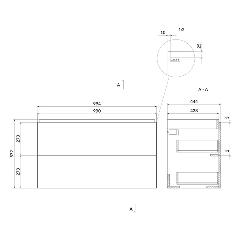 Mobilier suspendat, Cersanit, Larga, dreptunghiular, 100 cm, alb - 2 | YEO