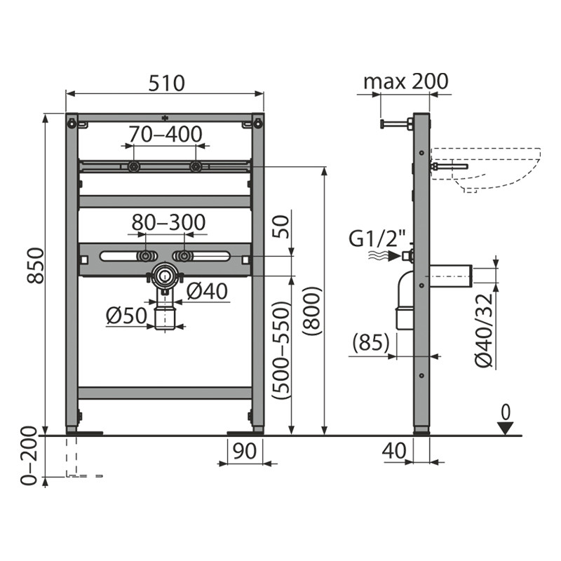 Rama de montaj pentru lavoar, Alcadrain, 85 cm - 1 | YEO
