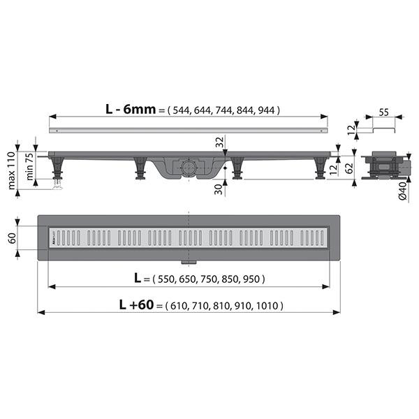 Rigola pentru dus, Alcadrain, Simple, cu capac, 75 cm - 1 | YEO