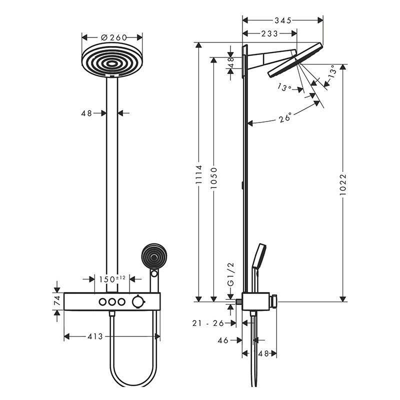 Set de dus, Hansgrohe, Pulsify S, cu palarie de dus 260 2 jeturi, baterie ShowerTablet Select, crom - 1 | YEO