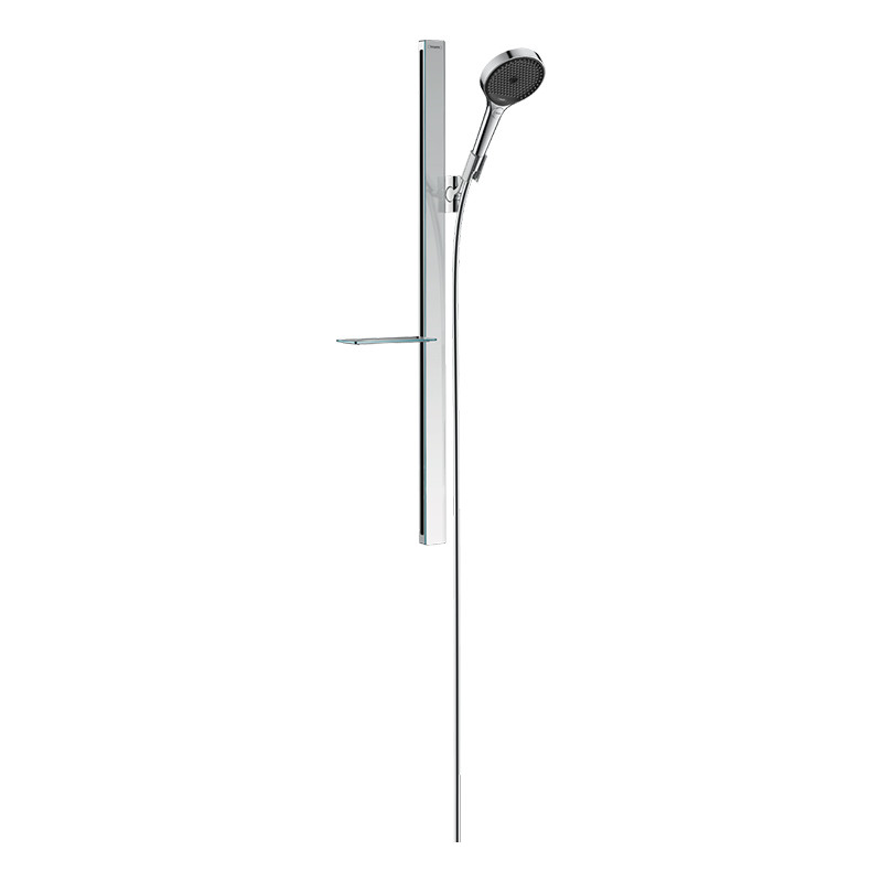 Set de duș, Hansgrohe, Rainfinity 130, cu pară de duș 3 jeturi, bară de 90 cm, poliță și furtun, crom