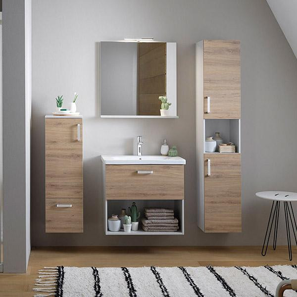 Set mobilier si lavoar din ceramica sanitara Kolpasan, Evelin, 1 sertar, 65 cm, stejar gri / gray oak - 2 | YEO