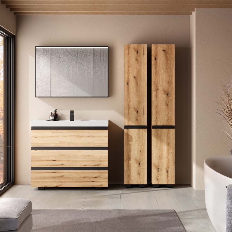 Set mobilier stativ cu lavoar Kolpasan, Harmony 100 cm, 3 sertare, bronze oak - 1 | YEO