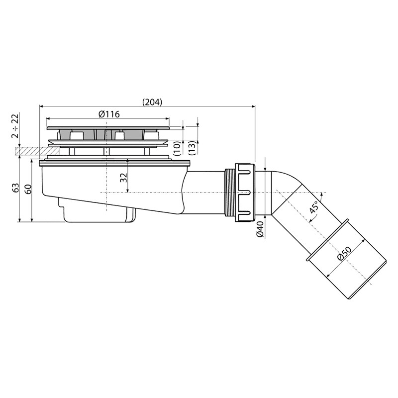 Sifon cădiță duș, Alcadrain, Ø90 mm, pentru cădiță cu pereți groși, crom - 1 | YEO