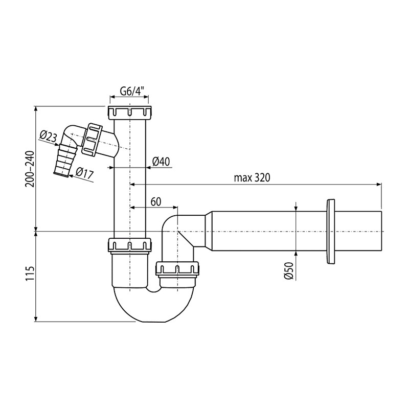 Sifon chiuvetă, Alcadrain, cu țeavă și piuliță 6/4 și legătură pentru mașina de spălat - 1 | YEO