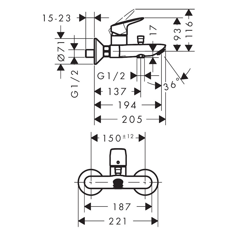 Baterie cada - dus, Hansgrohe, Logis, negru mat - 1 | YEO