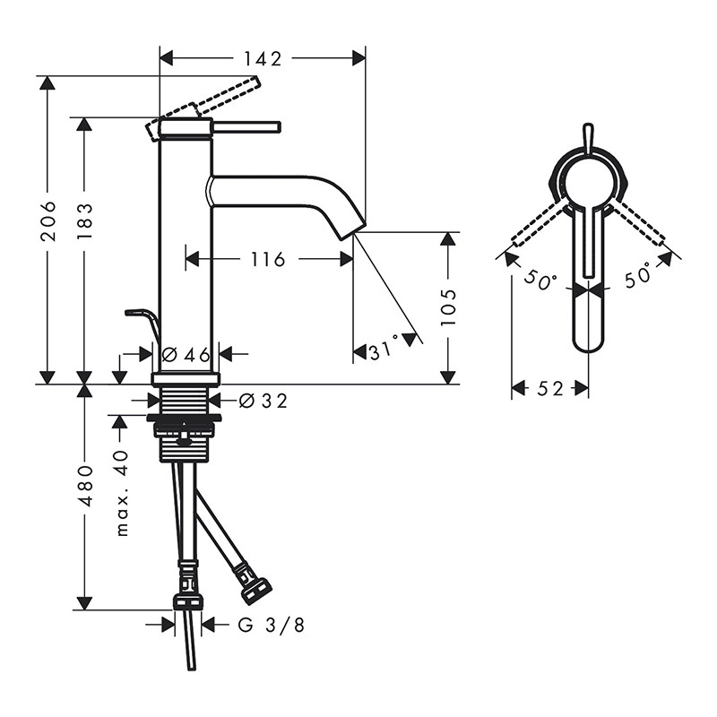 Baterie lavoar, Hansgrohe, Tecturis S 110, cu ventil pop-up, negru mat - 1 | YEO