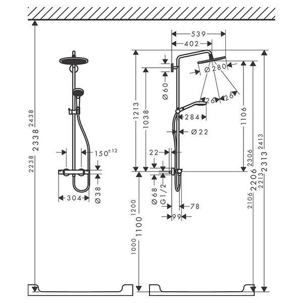 Coloana dus cu baterie si termostat Hansgrohe, Croma Select S, cu bara si suport dus, alb mat - 2 | YEO