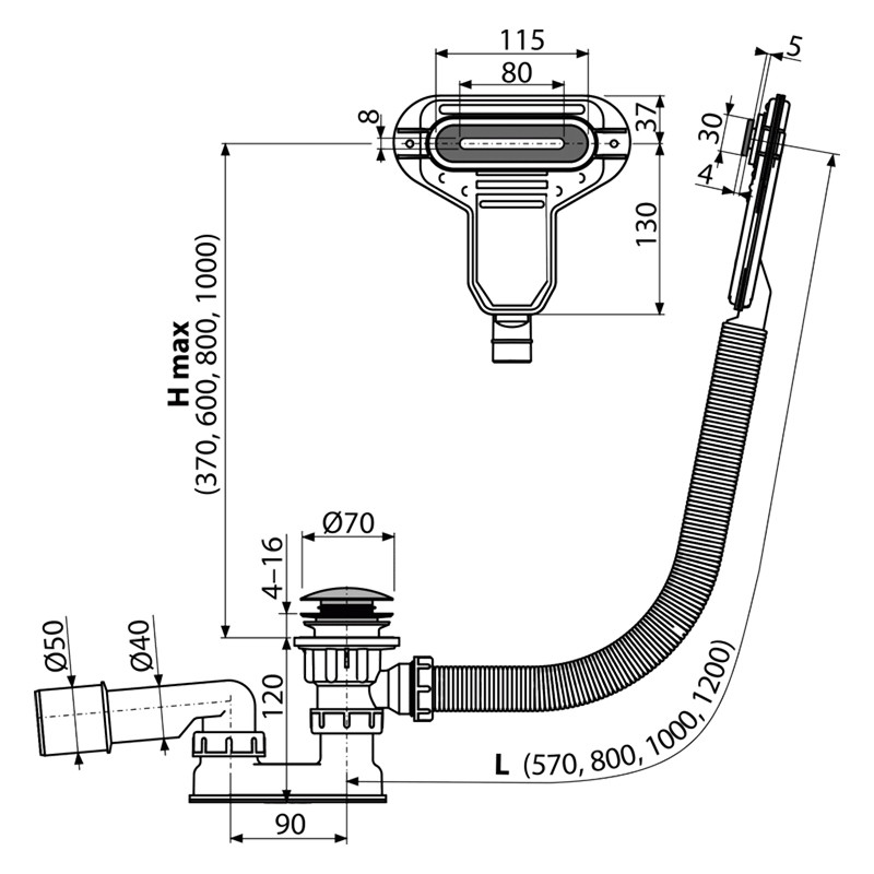 Instalatie de cada, Alcadrain, cu ventil click-clack, preaplin plat, crom - 1 | YEO