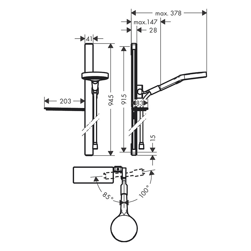 Set de duș, Hansgrohe, Rainfinity 130, cu pară de duș 3 jeturi, bară de 90 cm, poliță și furtun, crom - 2 | YEO