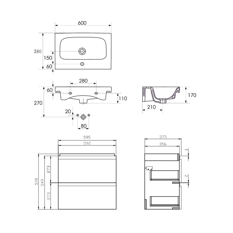 Set mobilier cu lavoar Cersanit, Moduo Slim 60 cm, alb - 2 | YEO