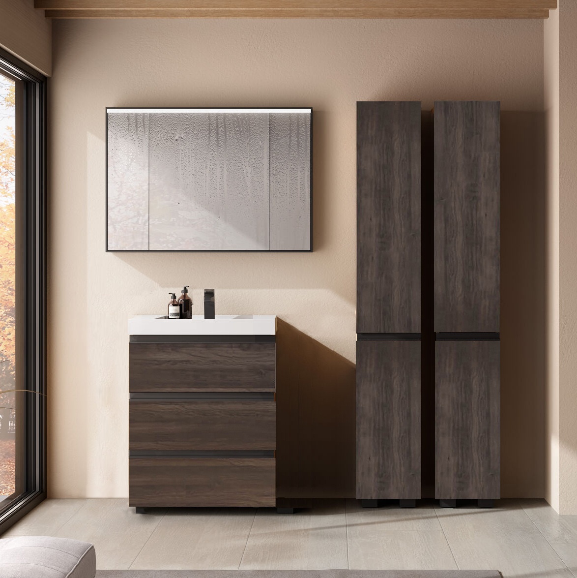 Set mobilier stativ cu lavoar Kolpasan, Harmony 70 cm, 3 sertare, dark oak - 1 | YEO