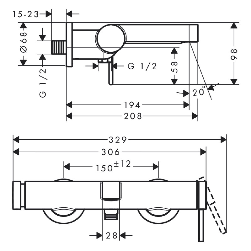 Baterie cada - dus, Hansgrohe, Finoris, montaj aparent, negru mat - 3 | YEO