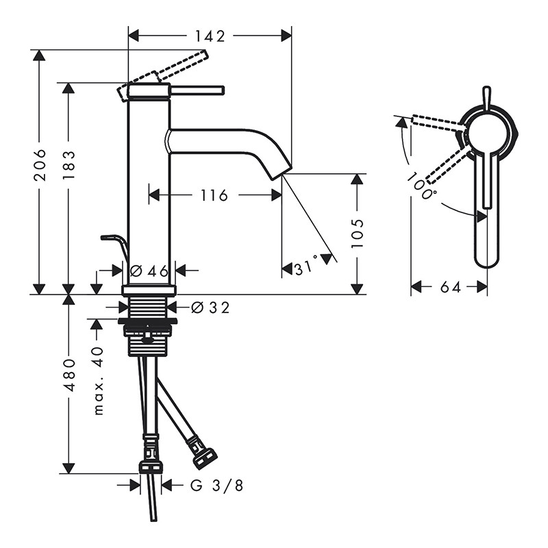 Baterie lavoar, Hansgrohe, Tecturis S 110, cu ventil, CoolStart, EcoSmart+, bronz periat, 73314140 - 1 | YEO